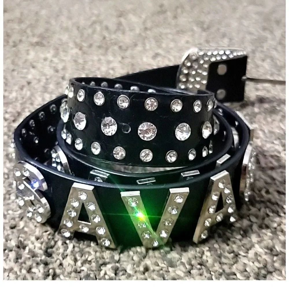 Savage rhinestone crystal bling patent vegan leather belt XL38-40